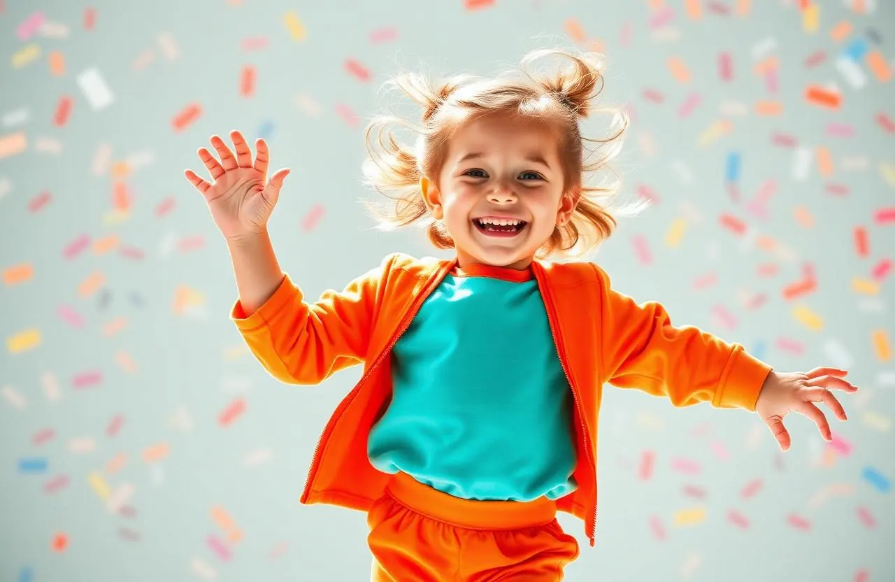 Joyful American girl in modern orange and turquoise daily wear outfit