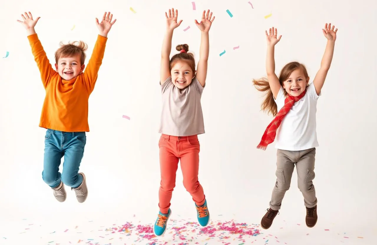 Three happy kids jumping in trendy children's clothing for all day comfort